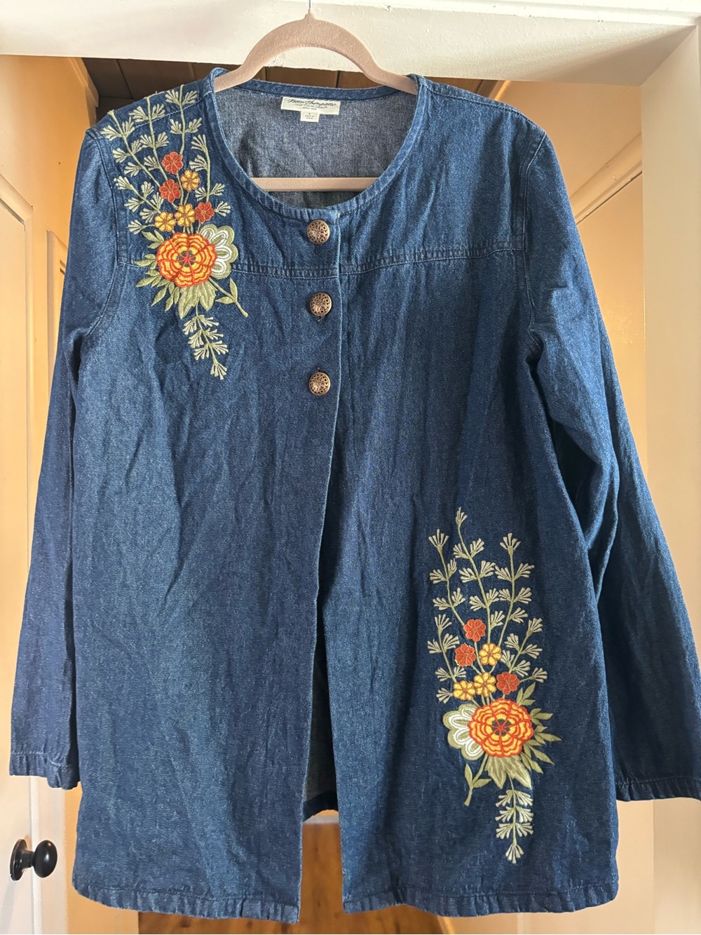 Vintage Blue Embroidered Denim Tunic with Orange Floral Accents